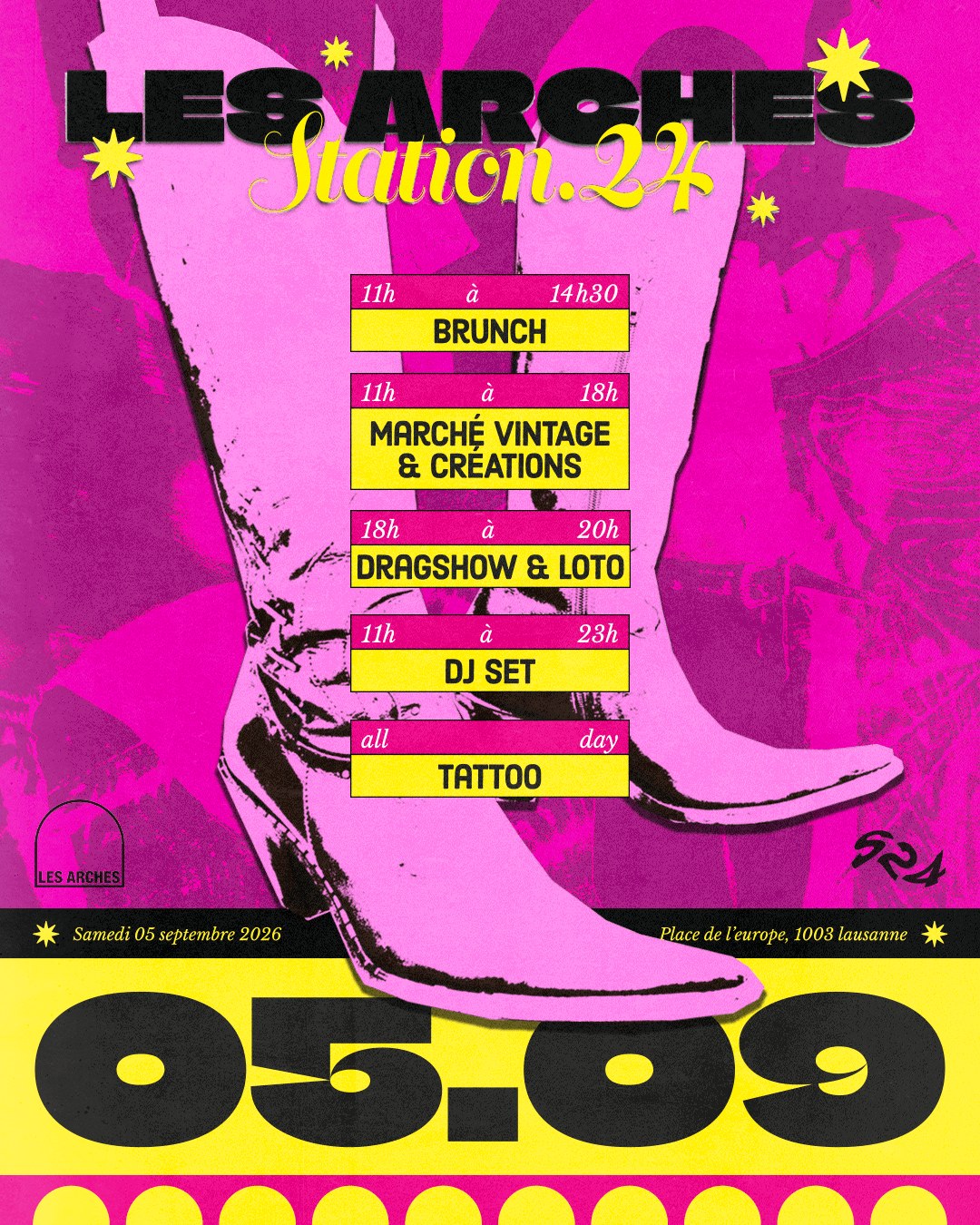 Affiche Les Arches x Station.24, samedi 5 septembre : brunch, marché vintage et créations, drag show et loto, DJ set, tattoo